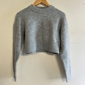 Zara Cropped Sweater Heather Gray Ribbed Knit Wool Blend Small
